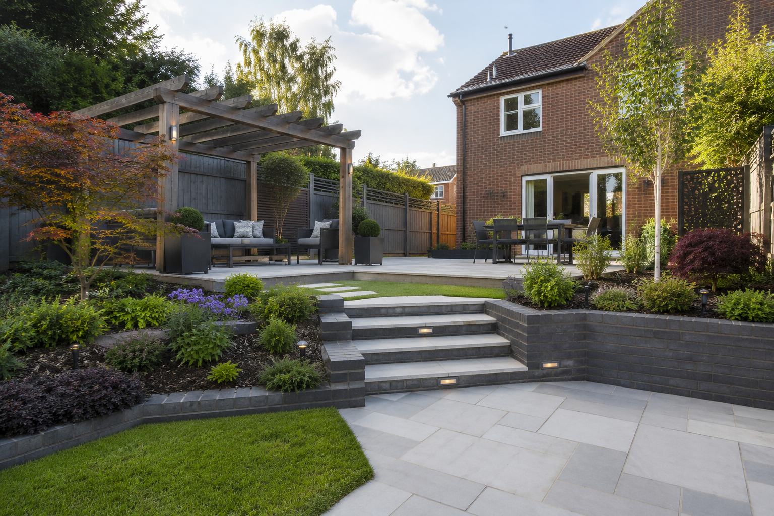 Completed landscaped garden with patio, steps and pergola